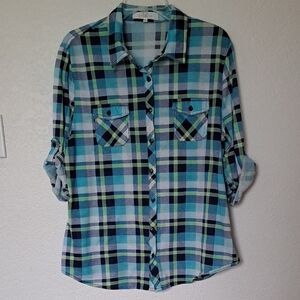 Eden & Olivia Aqua Blue and Green Plaid Button-Up Blouse